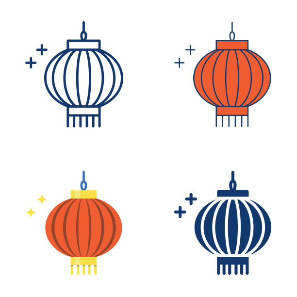 中国灯笼图标设置在平面和线条风格图片下载