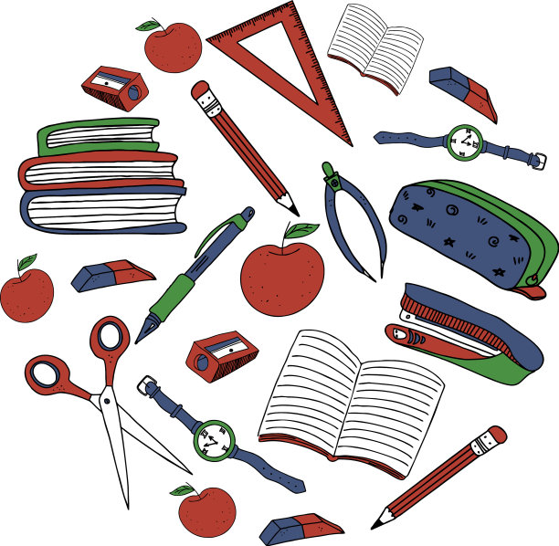 一套附有学校文具的涂鸦画图片下载