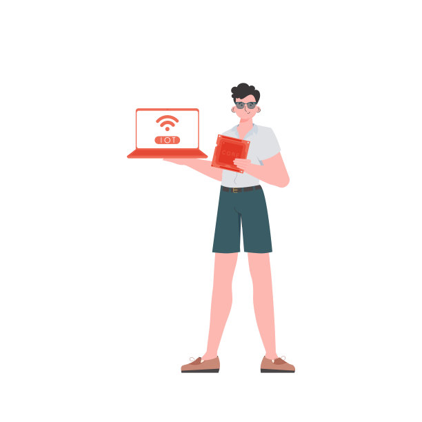 一个男人手里拿着一台笔记本电脑和一个处理器芯片。物联网和自动化概念。孤立。时髦的公寓风格。矢量插图。图片下载