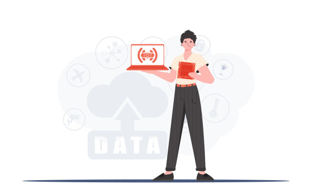 一个男人手里拿着一台笔记本电脑和一个处理器芯片。物联网和自动化概念。矢量插图在潮流的平面风格。图片下载