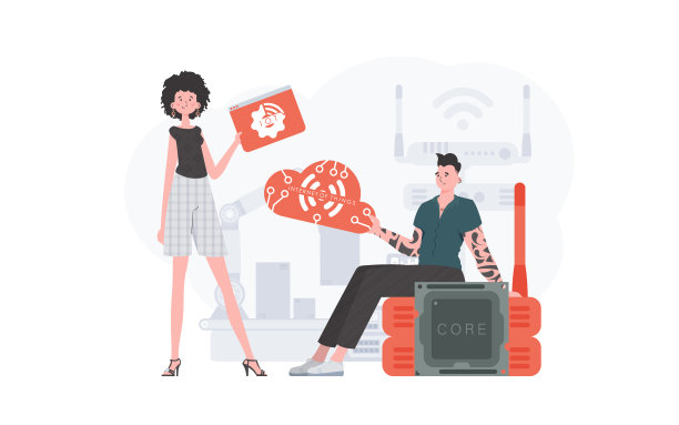 一个男人和一个女人是物联网领域的一个团队。物联网和自动化概念。适用于网站和演讲。矢量插图在潮流的平面风格。图片下载