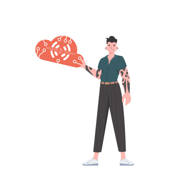 一名男子手里拿着一个物联网图标。物联网和自动化概念。孤立。时髦的公寓风格。矢量插图。图片下载