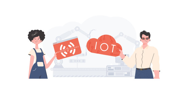 一个男人和一个女人是物联网领域的一个团队。物联网的概念。适用于网站和演讲。矢量插图在潮流的平面风格。图片下载
