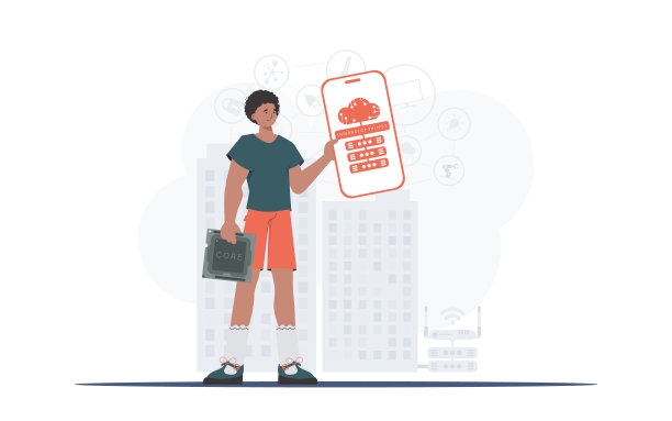 物联网的概念。这家伙手里拿着一个有IoT标志的手机。矢量插图在潮流的平面风格。图片下载