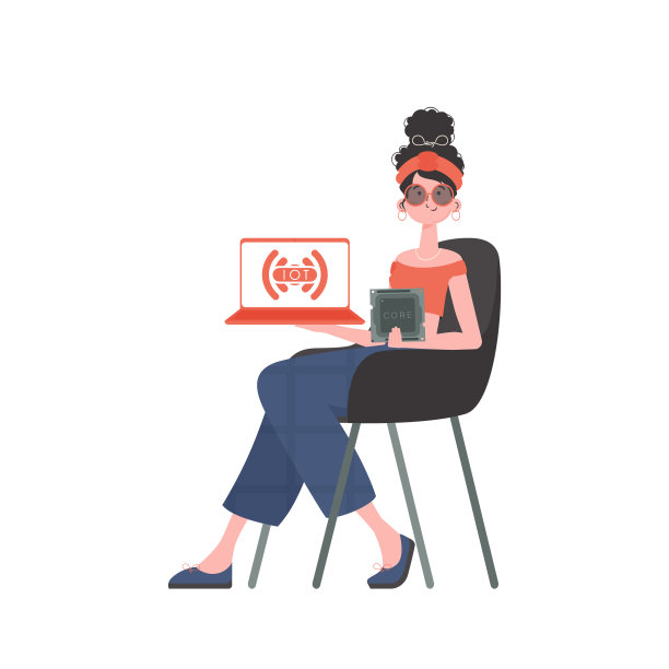 一个女人手里拿着一台笔记本电脑和一个处理器芯片。物联网的概念。孤立。时髦的公寓风格。矢量插图。图片下载