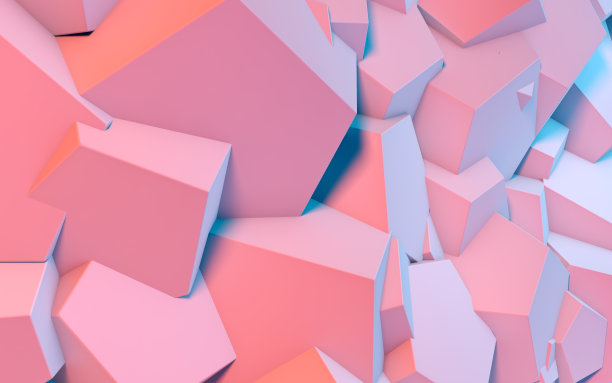 抽象的背景与三维形状飞行在粉红色和蓝色的光作为一个混乱的阵列或混乱的结构为任何粉彩背景。三维演示图片下载