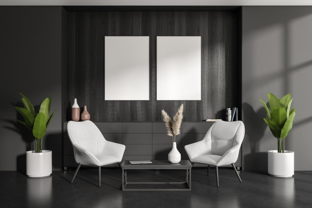 灰色冷峻的内部与扶手椅和餐具柜在办公室，模型框架图片下载