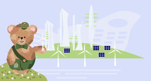 一只泰迪熊的爪子里握着一个风力发电机，这是生态能源的象征。数码插图。图片下载