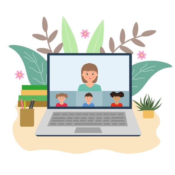 孩子们在家在线学习，在线见面。图片下载