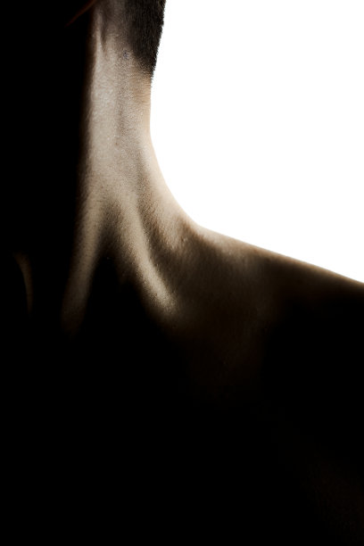 剪影抽象bodu拍摄的一个美丽的女孩对白色背景。脖子和肩膀在阴影中。图片下载