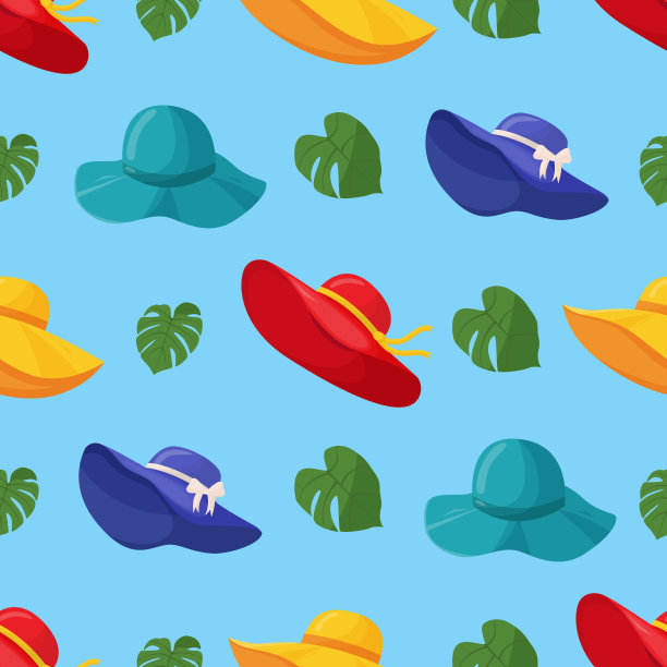 漂亮女人夏天的帽子无缝图案。时髦的夏季女性头饰。热带国家海上度假的时尚配饰。平面向量插图。图片下载