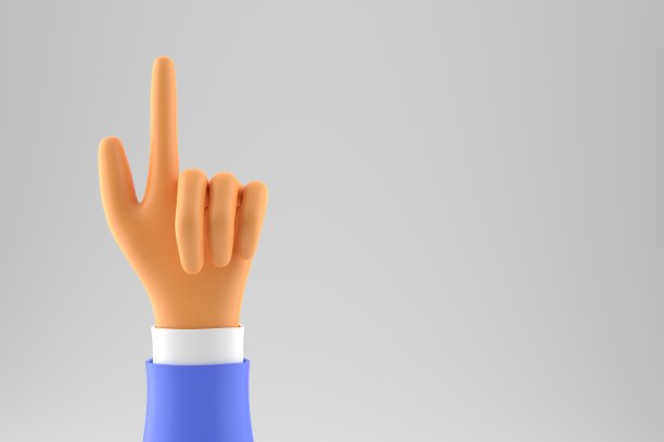 卡通商人举起食指的手。灰色背景。文本。三维渲染图片下载
