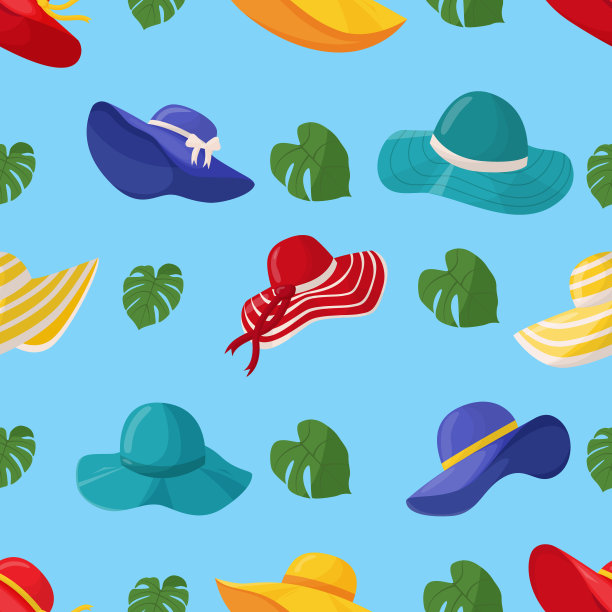 漂亮女人夏天的帽子无缝图案。时髦的夏季女性头饰。热带国家海上度假的时尚配饰。平面向量插图。图片下载