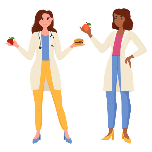女医生营养师。一名女性营养师，手里拿着健康和不健康的食物。保健减肥理念。图片下载
