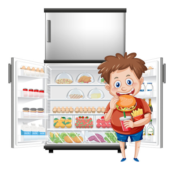 饥饿的男孩喜欢在冰箱前吃东西图片下载