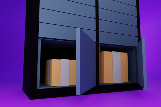 购物的储物柜。黑色背景上的快递箱，打开的门和包装好的箱子。三维渲染图片下载