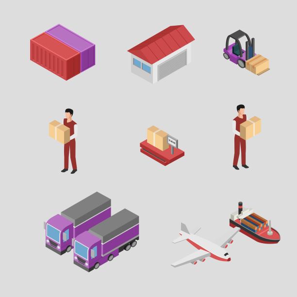 物流信息图形要素集与运输系统交付过程矢量插图图片下载
