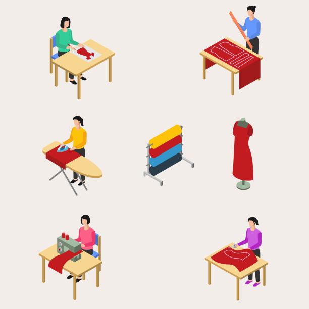 服装工厂生产中制造与操作系统的设计元素向量设计图解图片下载