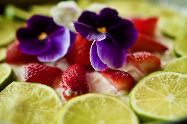 芝士蛋糕配水果、鲜花装饰图片下载