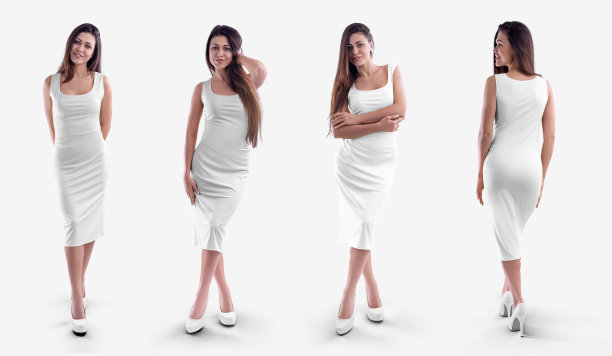 一个空的白色紧身及膝连衣裙的模型，在一个苗条的女孩孤立的背景，前面，后面。集。图片下载