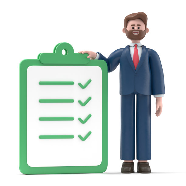 3D插图微笑商人鲍勃与任务在纸上，计划时间表按时完成任务。截止日期，任务安排，工作过程组织概念。白色背景上的3D渲染。图片下载