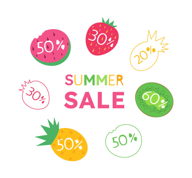 夏天出售。图标横幅，互联网帖子，模板，海报。夏季设计，菠萝，草莓和猕猴桃。图片下载