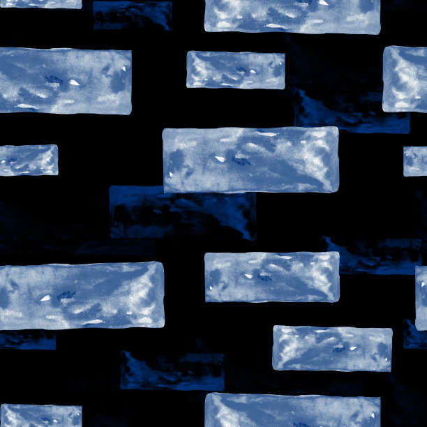 水彩图案蓝色纹理的砖墙在黑色背景上为您的设计无缝衔接，插图手绘图片下载