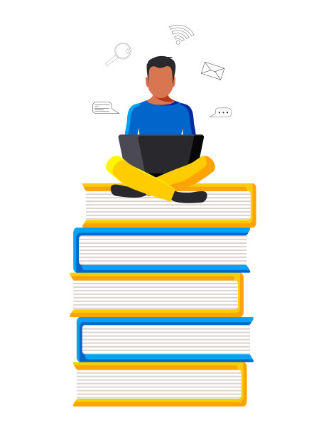 有目的性的可爱学生坐在书本上用笔记本电脑。在线教育理念以蓝色和黄色为主色调平铺风格。向量。图片下载