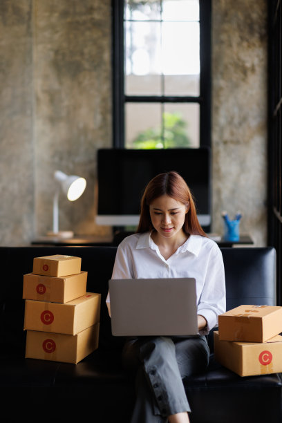 亚洲年轻的小型企业中小企业老板女企业家在网上查订单，准备装箱，向客户推销，中小企业的经营思路在网上。图片下载
