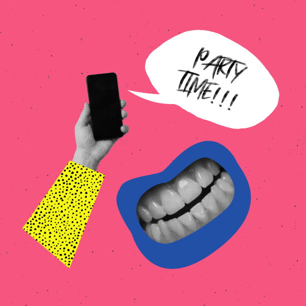 当代艺术拼贴。创意丰富多彩的设计。手机铃声与聚会邀请隔离在粉红色的背景图片下载
