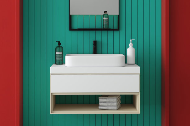 蓝色墙壁上的方形镜子，洗手池的特写，图片下载