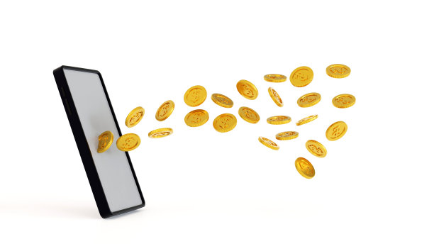 手机银行概念，硬币从智能手机移动到其他手机，在线转账，3D渲染。图片下载