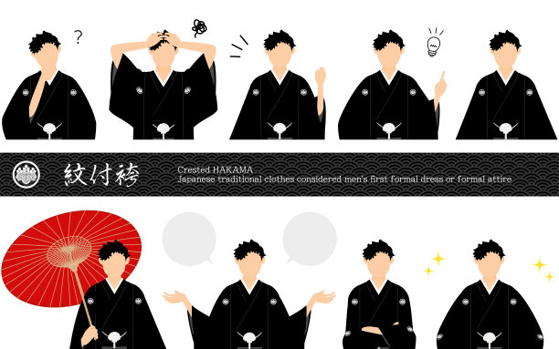 摆姿势的一组男人在蒙月袴，和服，质疑，担心，承担，指向等-翻译:蒙月袴图片下载