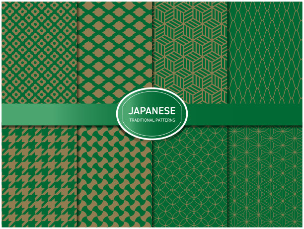 绿色和金色的日本图案向量集图片下载