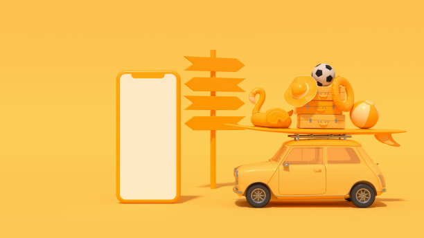 黑屏智能手机路标夏季度假旅游目的地与汽车在黄色背景图片下载