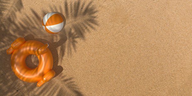 沙滩上棕榈树下的充气沙滩玩具图片下载