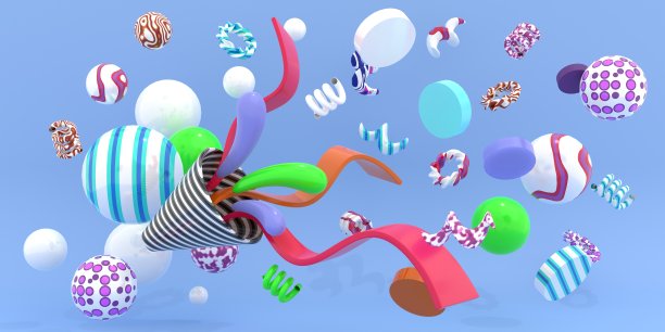 派对Popper在蓝色背景上弹出按钮球和丝带图片下载