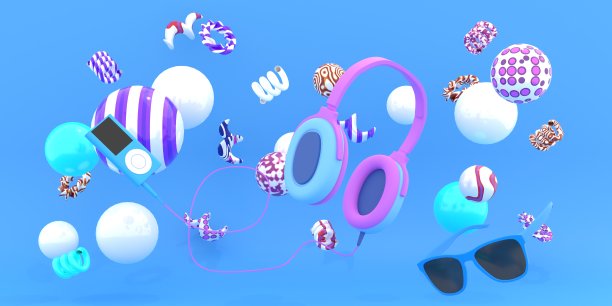眼镜和耳机漂浮在蓝色背景球图片下载