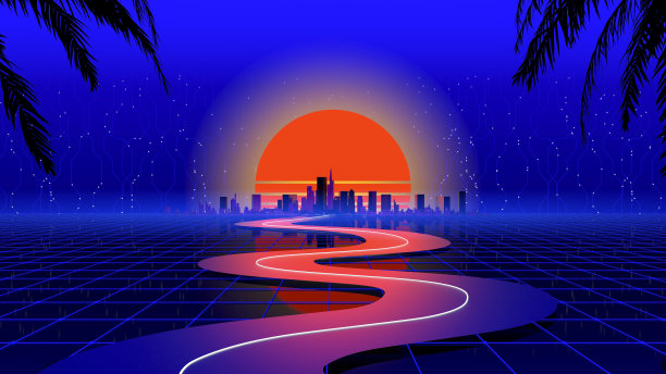 复古浪潮城市背景。霓虹灯夜景，具有八九十年代风格和美学的未来城市。合成波，赛博朋克，电脑游戏，概念。图片下载