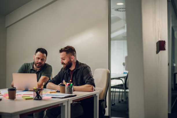 两个男同事在办公室开会，用笔记本电脑图片下载