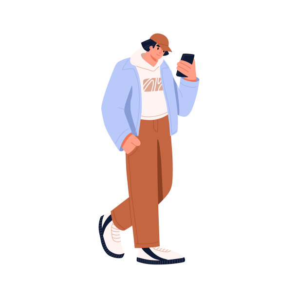 年轻人走着，手里拿着手机图片下载