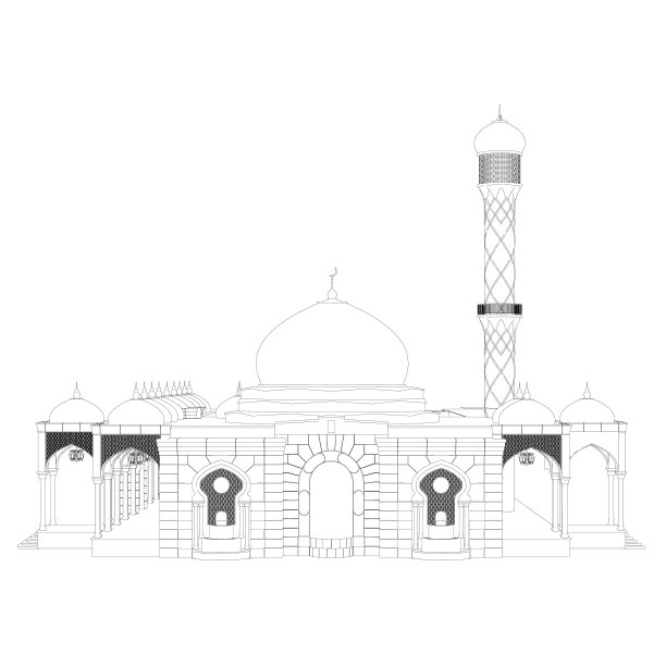 白色背景上黑线勾勒出一座大寺庙的轮廓。前视图。3 d。矢量插图。图片下载