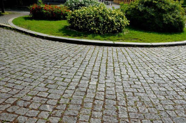 带有观赏灌木的长满草的环岛。优质路面的道路与立方体铺就像一个风。城市绿化图片下载