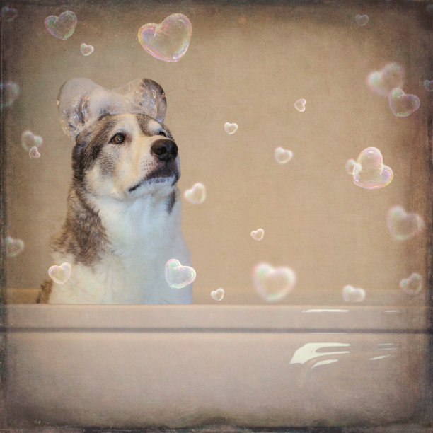 在浴缸里戴浴帽的阿拉斯加狗图片下载