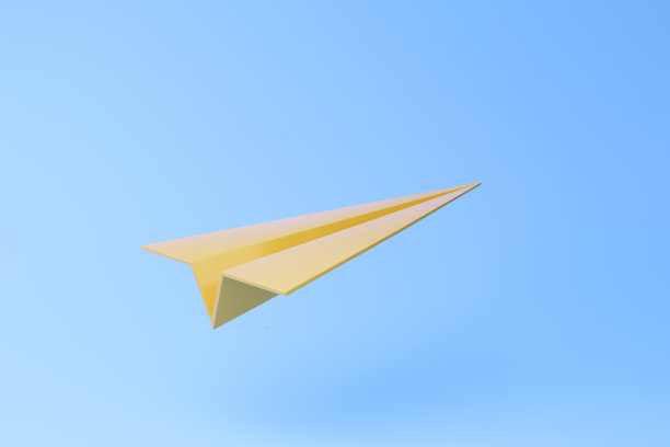 黄色折纸飞机图标上的蓝色背景。3 d渲染插图。图片下载