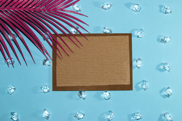 木制板与复古纸上粉彩孔雀背景与宝石和粉红色棕榈叶在背景的左角，创意热带墙纸，邀请和贺卡图片下载