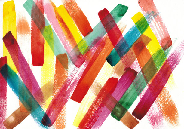 抽象的彩色水彩图案。橙色，黄色，紫色，绿色的笔触在白纸上。图片下载