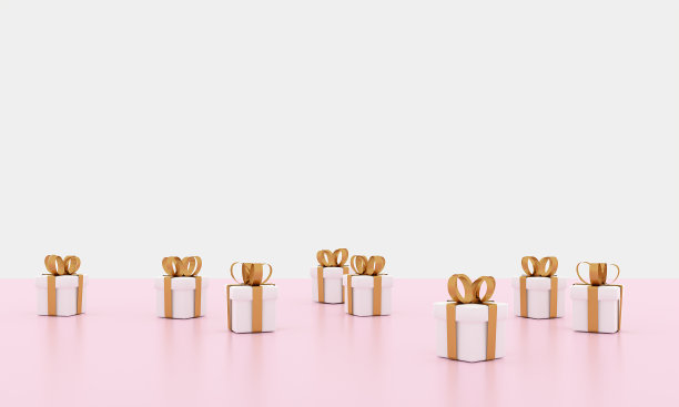 3D渲染白色礼盒金丝带图片插画，庆祝特殊日子。节日快乐装饰惊喜卡。概念给予包装爱的想法。婚礼现代豪华粉红色粉彩。图片下载