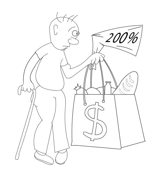 男人惊讶地看到食品价格上涨的支票，矢量轮廓图图片下载