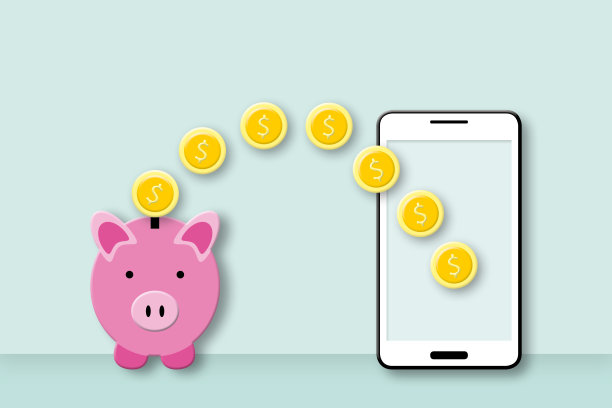 硬币在智能手机之间移动，粉色的存钱罐在柔和的背景上。转账的概念。图片下载